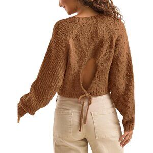 Women's Knit Crop Sweater Popcorn Texture Open Back Bow Tie Casual Chic